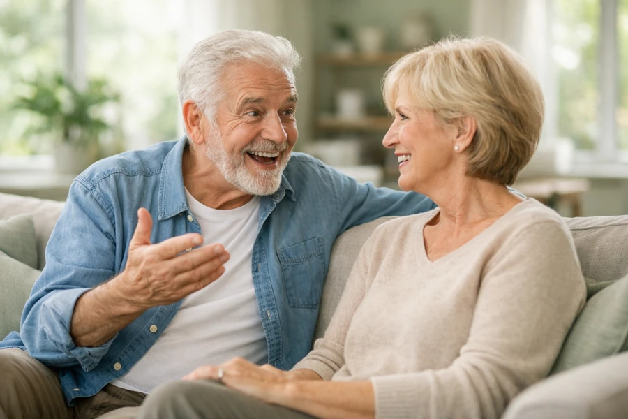 An older couple smiling and talking about life insurance coverage options together on a sofa.